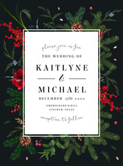 Emerald Christmas greenery, red winter berry, juniper, cedar, emerald pine, spruce vector design frame