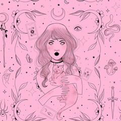Woman witch moon magic seamless pattern. Mystic background.