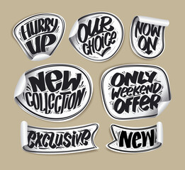 Hurry up, our choice, new collection, exclusive, weekend offer - vector sale hand drawn stickers