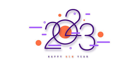 Happy new year 2023. Festive white background with colorful numbers. Banner with geometric shapes. Vector illustration. Design poster, flyer, cover, wallpaper. Stock.