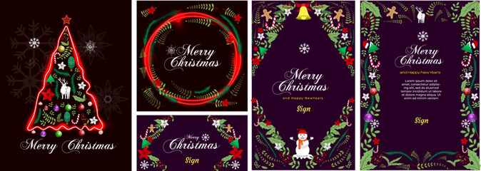 Set of banner Christmas  Happy New Year Floral Card templates
