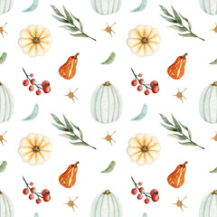 Pastel seamless pattern with dried flowers in vase and pumpkins on white background, best for wallpapers, wrapping paper and textiles