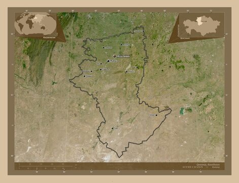 Qostanay, Kazakhstan. Low-res satellite. Labelled points of cities