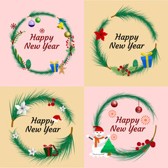Set of circle frame tree Christmas day and happy new year
