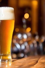 closeup of beer with foam in glass laying on rustic wooden table