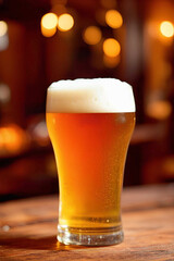 closeup of beer with foam in glass laying on rustic wooden table