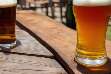 closeup of beer with foam in glass laying on rustic wooden table