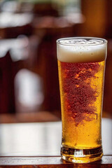 closeup of beer with foam in glass laying on rustic wooden table