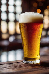 closeup of beer with foam in glass laying on rustic wooden table