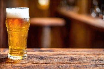 closeup of beer with foam in glass laying on rustic wooden table