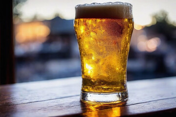 closeup of beer with foam in glass laying on rustic wooden table