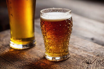 closeup of beer with foam in glass laying on rustic wooden table