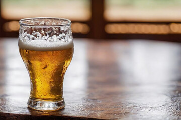 closeup of beer with foam in glass laying on rustic wooden table