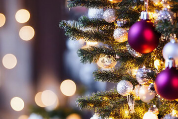 closeup of christmas tree with christmas baubles and decoration