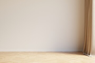 Blank white wall and wooden parquet flooring in empty flat. Beige curtains at window. Template for your content. 3D illustration.