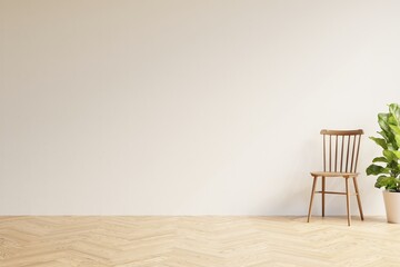 Wooden parquet floor with chair and plant in front of light blank wall as template for your content. 3D illustration.