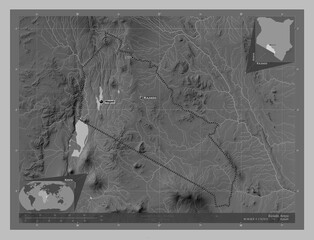 Kajiado, Kenya. Grayscale. Labelled points of cities