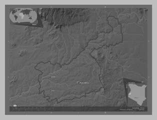 Kakamega, Kenya. Grayscale. Labelled points of cities