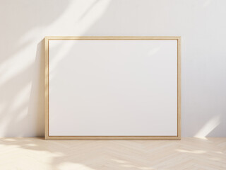 Large landscape oriented white canvas in wooden frame at wall in interior. Template for your content. 3D illustration.