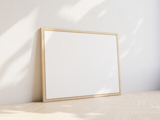 Empty white notice board leaning on white wall. Wooden frame and parquet flooring. Template for your content. 3D illustration.