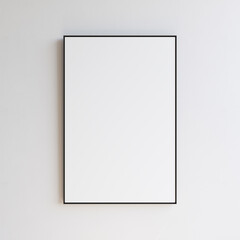 Blank picture with thin black border hanging on white wall, portrait orientation. Template for your content. 3D illustration.