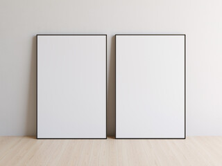 Pair of blank pictures standing on wooden floor and leaning on white wall, portrait orientation. Template for your content. 3D illustration.