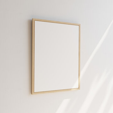 Single empty wooden picture frame on white background. Sun rays coming from outside. Template for your content. 3D illustration.