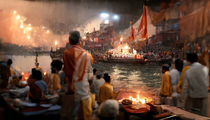 AI generated image of Ganga Aarti in progress at the bank of river Ganga in Varanasi, India - obrazy, fototapety, plakaty