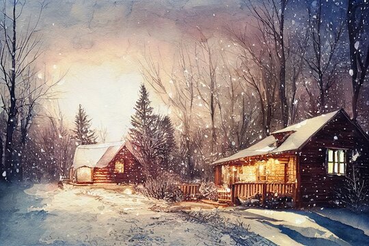 cabin in woods with snowy winter background
