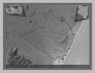 Kwale, Kenya. Grayscale. Labelled points of cities