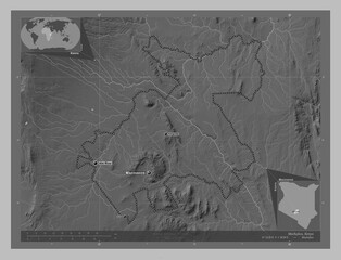 Machakos, Kenya. Grayscale. Labelled points of cities