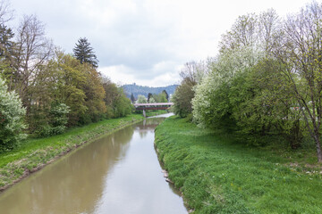 Fototapeta na wymiar Covered Bridge over the Kocher river in Gaildorf Germany