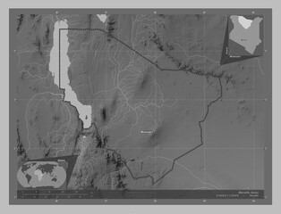 Marsabit, Kenya. Grayscale. Labelled points of cities