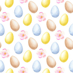Fototapeta na wymiar Watercolor easter seamless pattern with colorful eggs and flouwers, isolated on transparent background