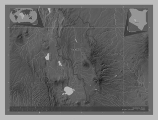 Nyandarua, Kenya. Grayscale. Labelled points of cities