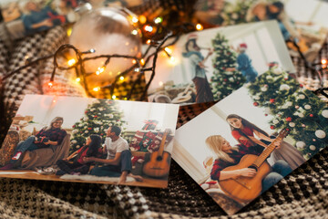 Photos of family against Christmas lights decor background