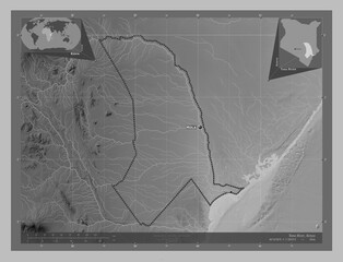 Tana River, Kenya. Grayscale. Labelled points of cities © Yarr65