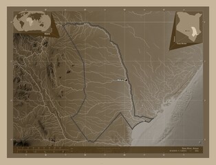Tana River, Kenya. Sepia. Labelled points of cities