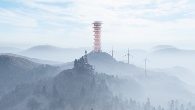 Render of a castle in snowy northern mountains, conceptual highrise render, folding architecture, renewable energy, windmills.