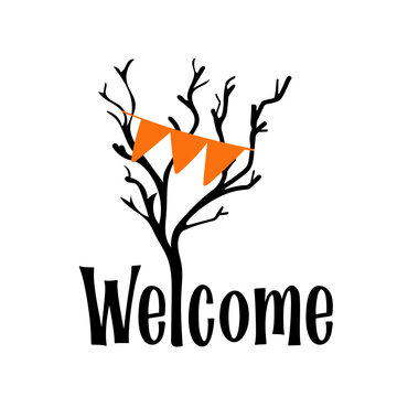 Welcome text for halloween party with black branches on white background