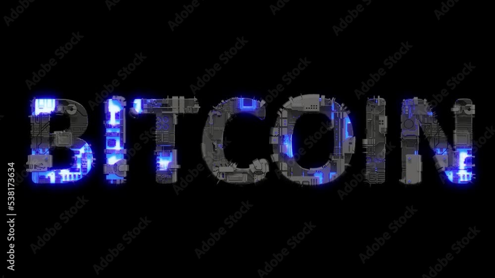 Poster metal scrap cyberpunk text bitcoin with electrical light and animated surface, isolated - loop video