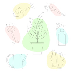 Home plant care. Set of hand drawn flower and gardening tools. Flower pot, watering, soil and irrigation.