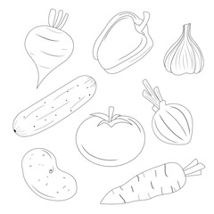 Coloring page for kids. Set of vegetables food collection. Vegetables cartoon set, icons. 