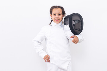 Little girl fencer with epee and mask