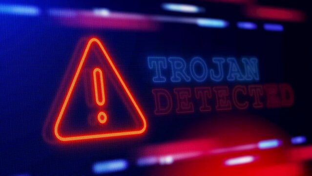 Trojan Detected Warning Alert Screen loop Blinking glitch error Animation. concept of Hacker, ransomware malware, ddos attack cyber cybersecurity systems vulnerability malicious encryption.