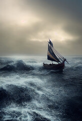 Viking ship drakkar at stormy sea