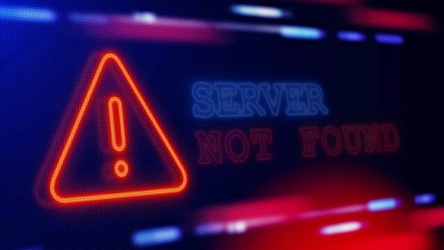 Server Not Found Warning Alert Blinking glitch error. Firewall breach, vulnerability found system. Database hacked, network security breach, stealing private information. Database hacking attack