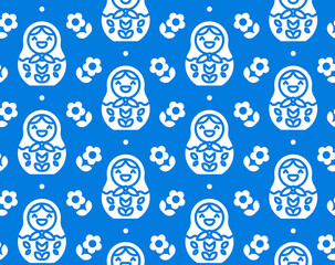 Flat vector background with traditional russian matryoshka symbols. Monochrome seamless pattern design for wrapping paper, wallpapers and fabric