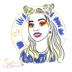 Zodiac sign, Capricorn, portrait of a beautiful girl, bright makeup, fashion
