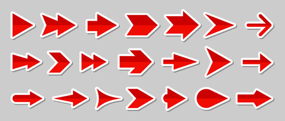 Arrow red navigation flat icon big set. Cursor simple sign sticker collection. Glossy next button pointer pictogram. Direction modern design element on gray background
